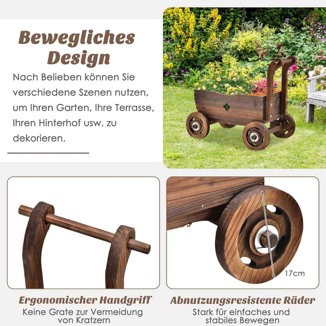 COSTWAY Blumenwagen Holz, Pflanzwagen mit Rädern und Griff, Pflanzkasten mit Abflussloch, Pflanztopf