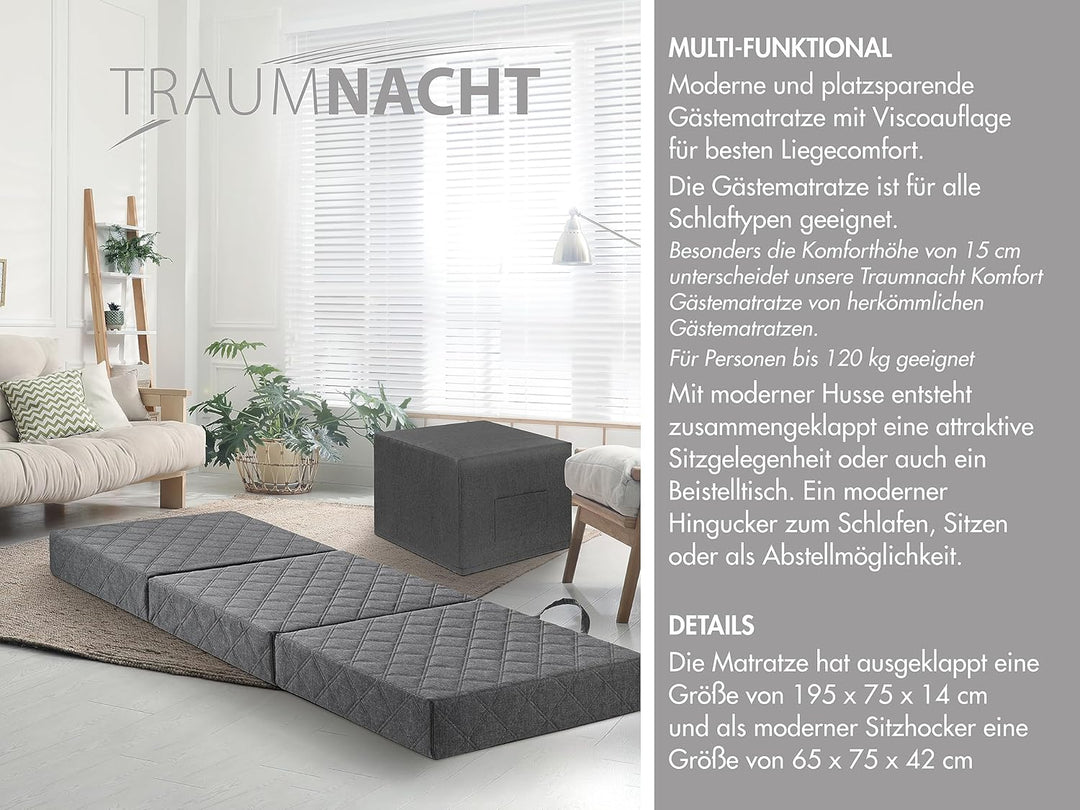 Traumnacht Gästematratze de Luxe mit hochwertiger Viscoauflage und moderner Husse, 75 x 195 x 14 cm,