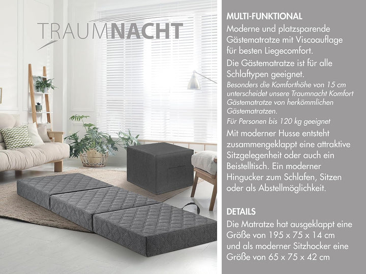 Traumnacht Gästematratze de Luxe mit hochwertiger Viscoauflage und moderner Husse, 75 x 195 x 14 cm,