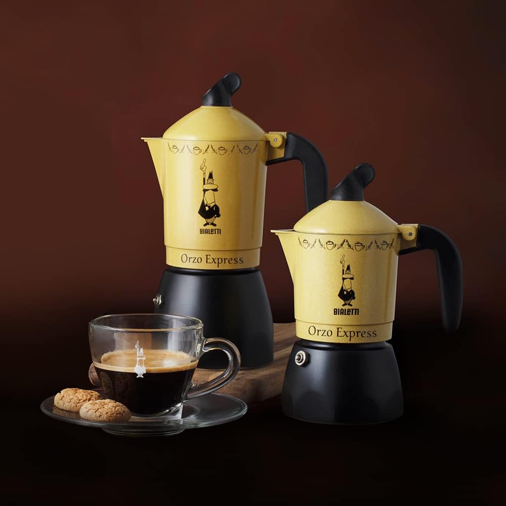 Bialetti Moka Orzo Express Caffettiera con Orziera, Alluminio, Giallo, 2 Tazze 2 Tassen, 2 Tassen
