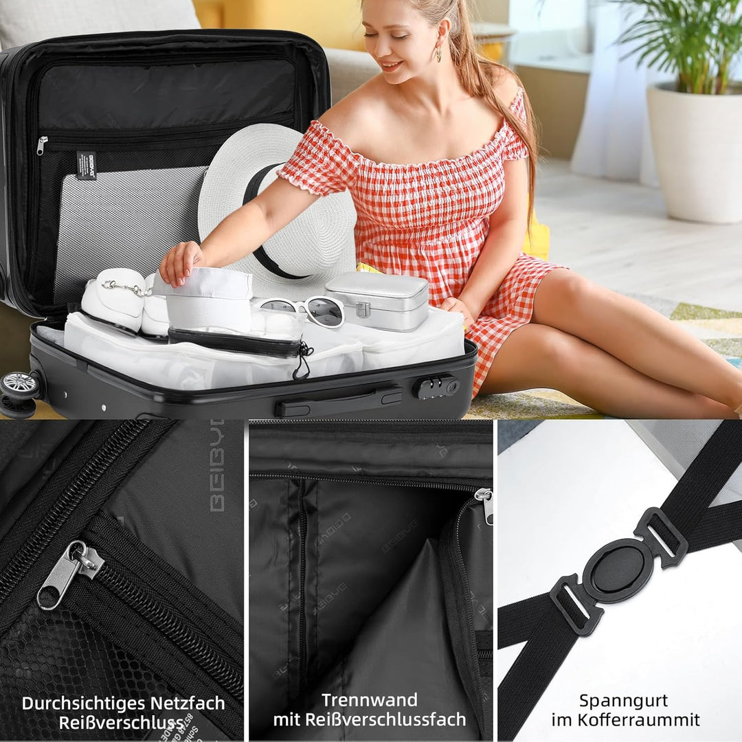 BEIBYE Zwillingsrollen 2066 Hartschale Trolley Koffer Reisekoffer Gepäck M-L-XL-Set (Schwarz, M) Sch