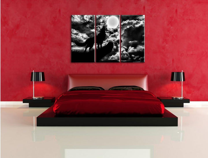Pixxprint Wolf im Mondschein als Leinwandbild/Grösse: 3 Teilig (120x80) cm/Wandbild/Kunstdruck/ferti