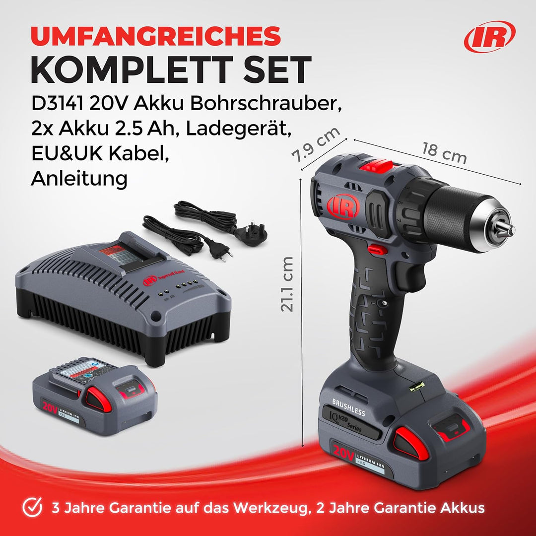 Ingersoll Rand D3141-K22-EU IQV20 Akku-Bohrschrauber 20V Bürstenloser Motor, Hohe Leistung, Langlebi