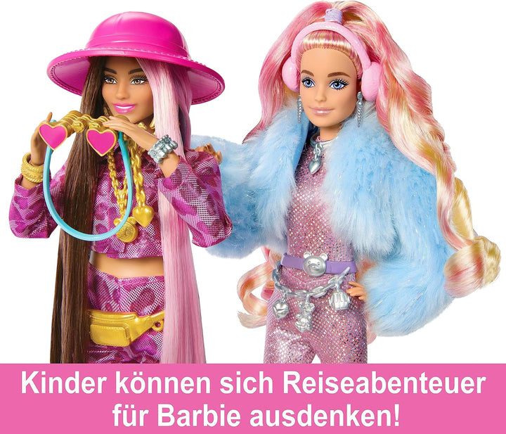 Barbie Extra Fly - Safari-Reise-Puppe mit pinkem Outfit und Zubehör, beweglicher Körper, 15 Accessoi