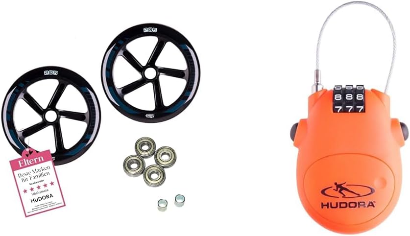HUDORA Ersatzrollenset schmal - 2 PU gegossene Ersatzrollen BigWheel 205 Scooter & Kabel-Schloss Fah