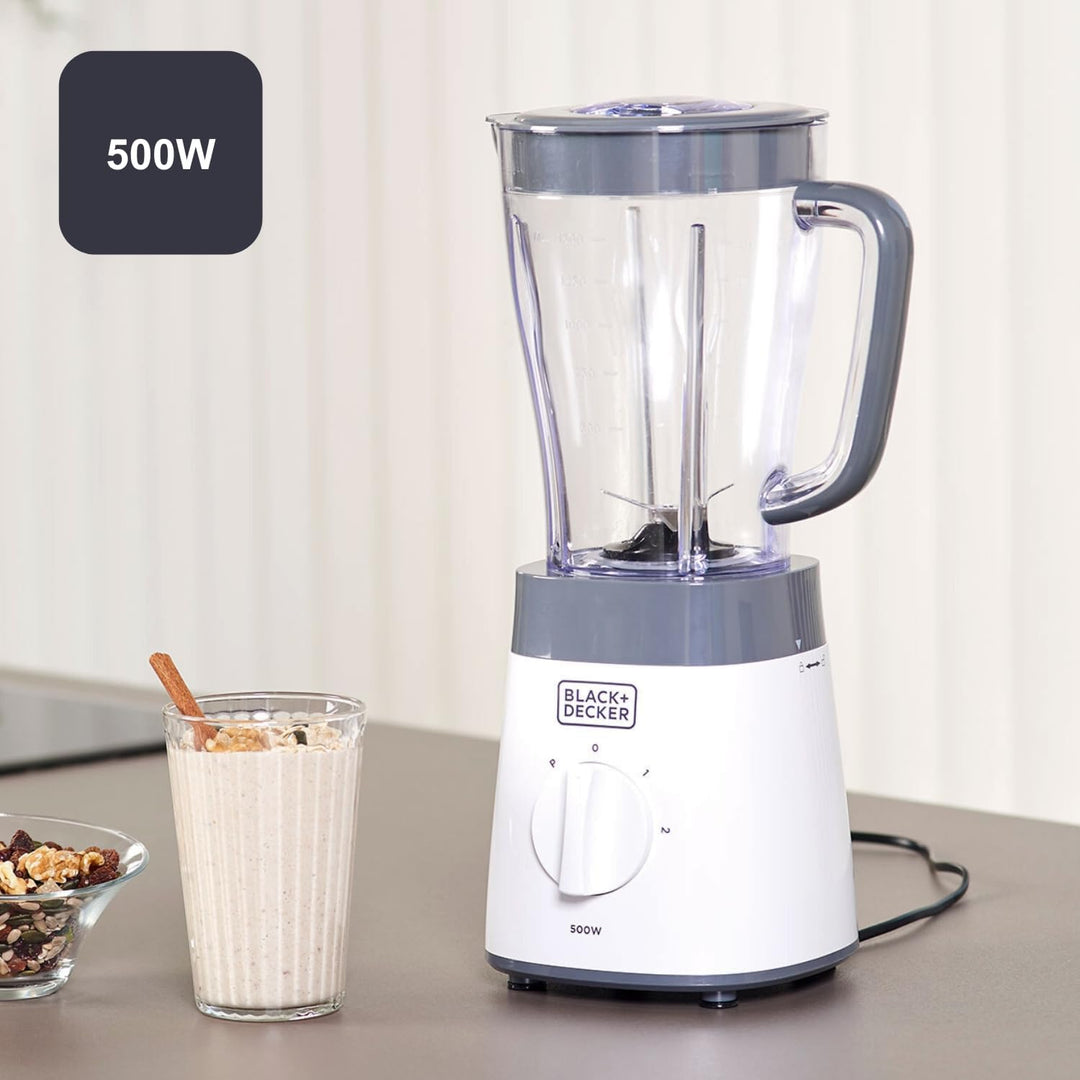 BLACK+DECKER Standmixer | 500W | 2 Geschwindigkeiten | Pulse-Funktion | Glaskrug | 1,5L | Edelstahlm