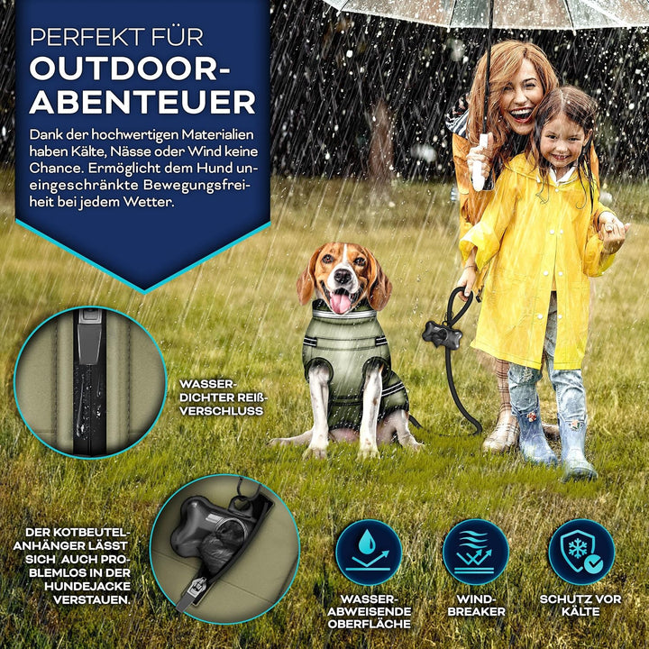 TRESKOยฎ Hundejacke Winter mit Reflektoren inkl. 15 Stรผck Kotbeutel + Spender | Hunderegenmantel wass
