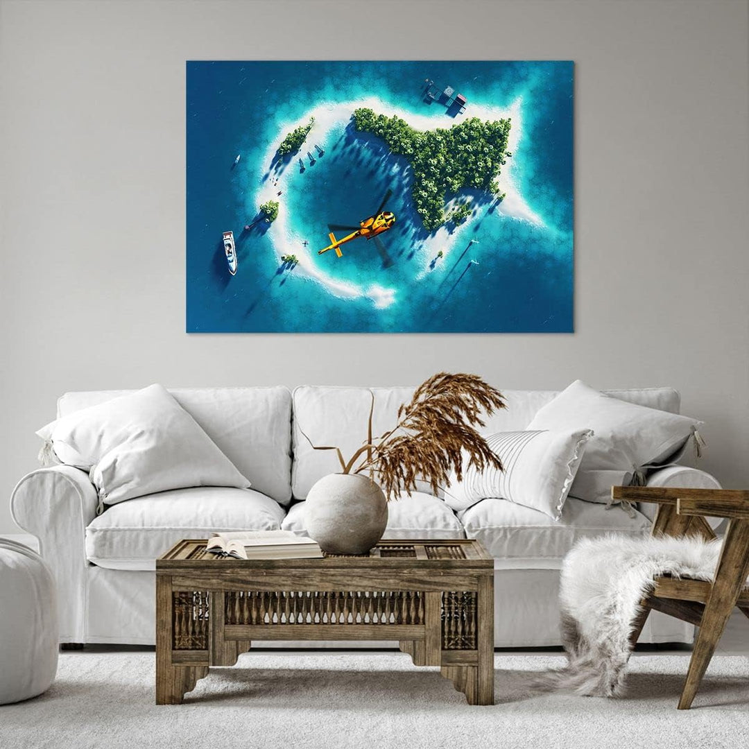 Bilder auf Leinwand 100x70cm Leinwandbild Hubschrauber Ozean Insel Paradies Gross Wanddeko Bild Schl