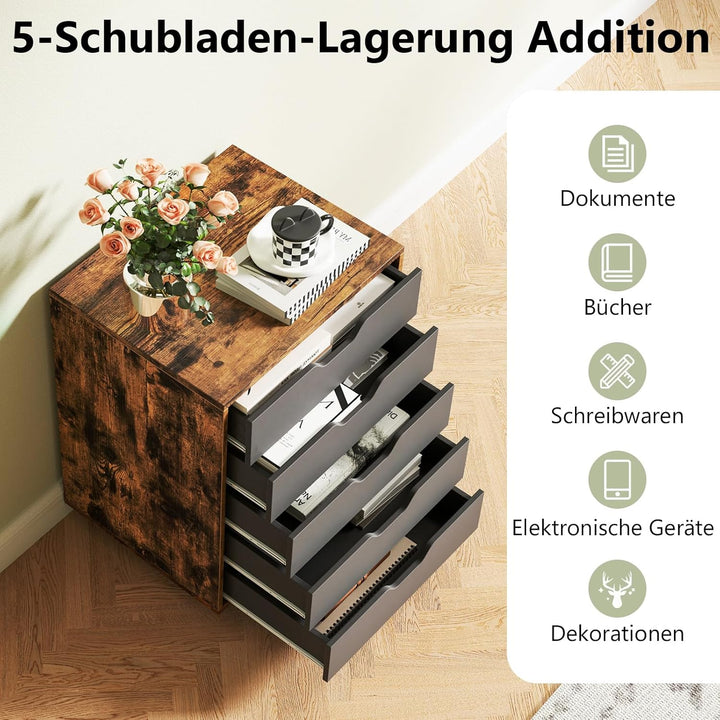 COSTWAY Rollcontainer mit 5 Schubladen, mobiler Aktenschrank mit Rädern, Bürocontainer Schubladensch