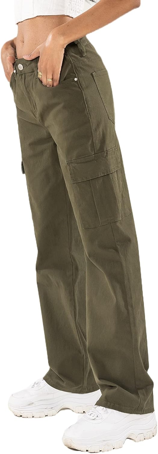 Nina Carter Q1885 Damen Cargo Jeans High Waist Cargohose Stretch Straight Leg Hose S Khaki (Q1885-2)