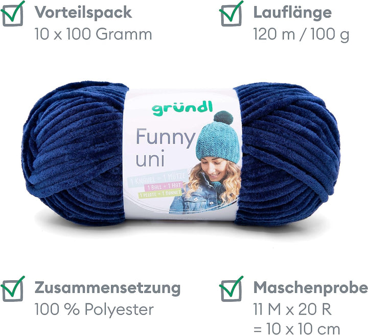 Gründl Funny uni Strick- & Häkelgarn (samtartiges Chenille-Garn aus 100% Polyester, 10 x 100 g / 120