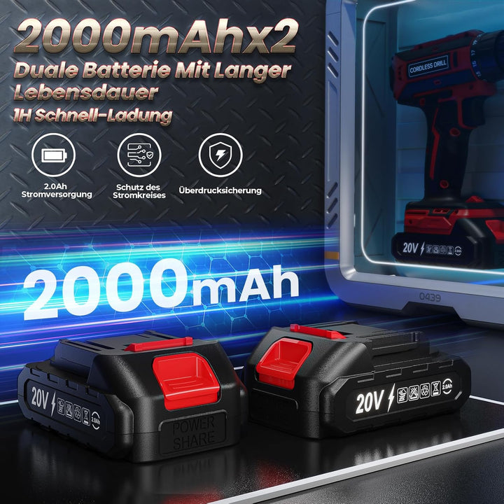 Akkuschrauber mit 2x 2000mAh Akkus, 20V Akku Bohrschrauber Set 42Nm Max, 2-Gang Akku-Bohrmaschine, K