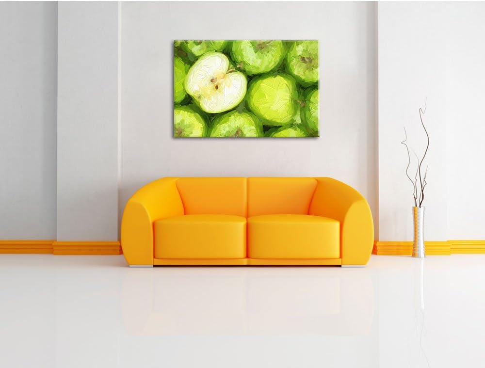 Grüne Äpfel Pinsel Effekt, Format: 100x70 auf Leinwand, XXL riesige Bilder fertig gerahmt mit Keilra