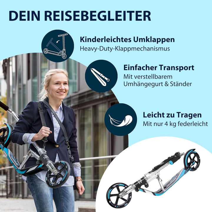HUDORA BigWheel 205 Scooter - Stabiler Aluminium-Roller - Höhenjustierbarer & zusammenklappbarer Cit