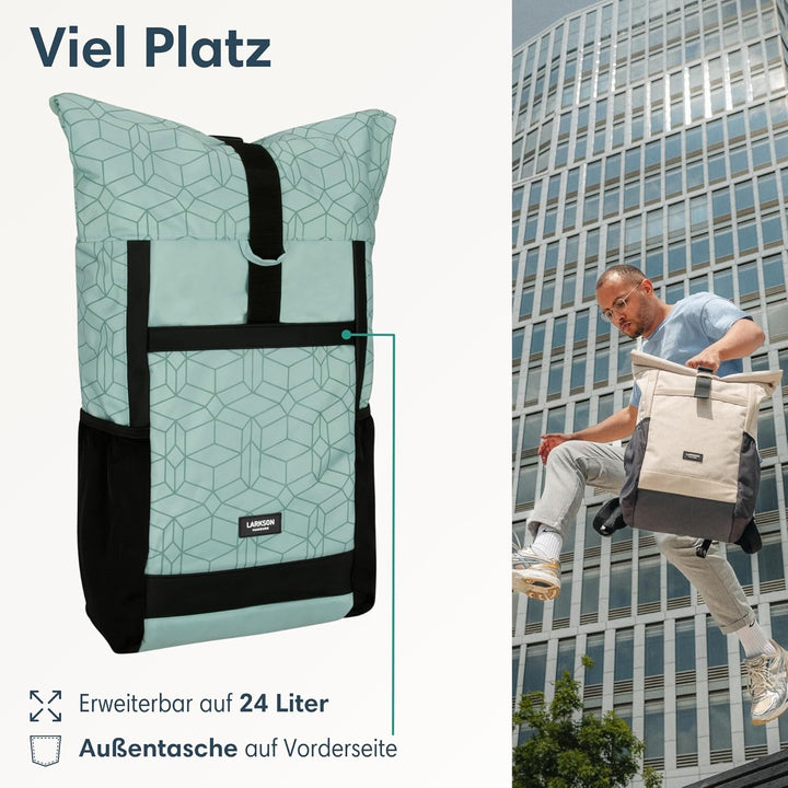LARK STREET Rolltop Rucksack Damen Gross Mint - No 2 - Daypack für Schule, Uni, Fahrrad - 15,6 Lapto