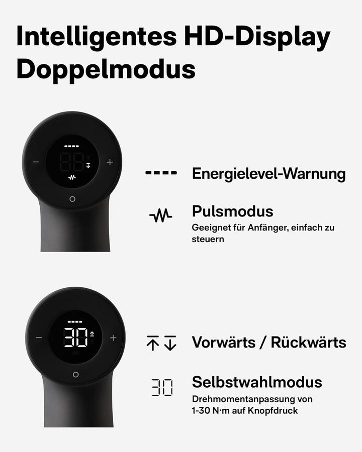 HOTO bürstenloser Bohrschrauber, 12V Akkuschrauber mit LED Bildschirm, 2 Modi max. 30 Nm mit 30 Dreh
