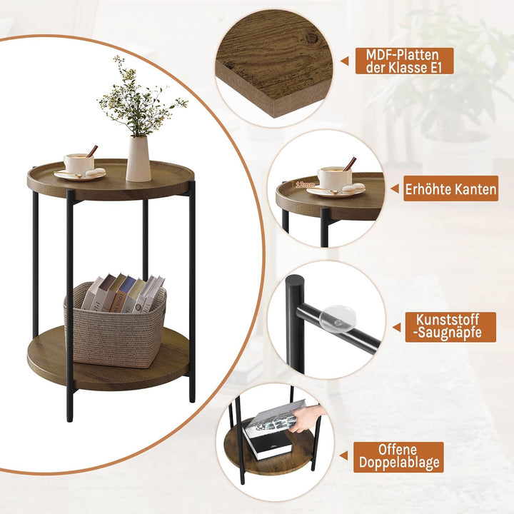 WOLTU Couchtisch rund, Beistelltisch mit 2 Ablagen, Wohnzimmertisch mit Abnehmbarer Tischplatte, Nac