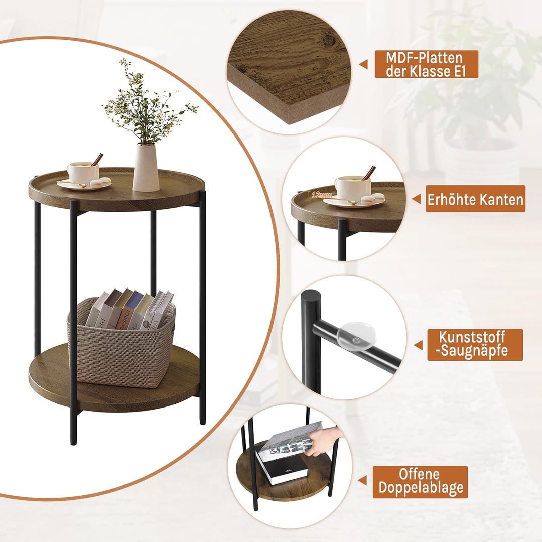 WOLTU Couchtisch rund, Beistelltisch mit 2 Ablagen, Wohnzimmertisch mit Abnehmbarer Tischplatte, Nac