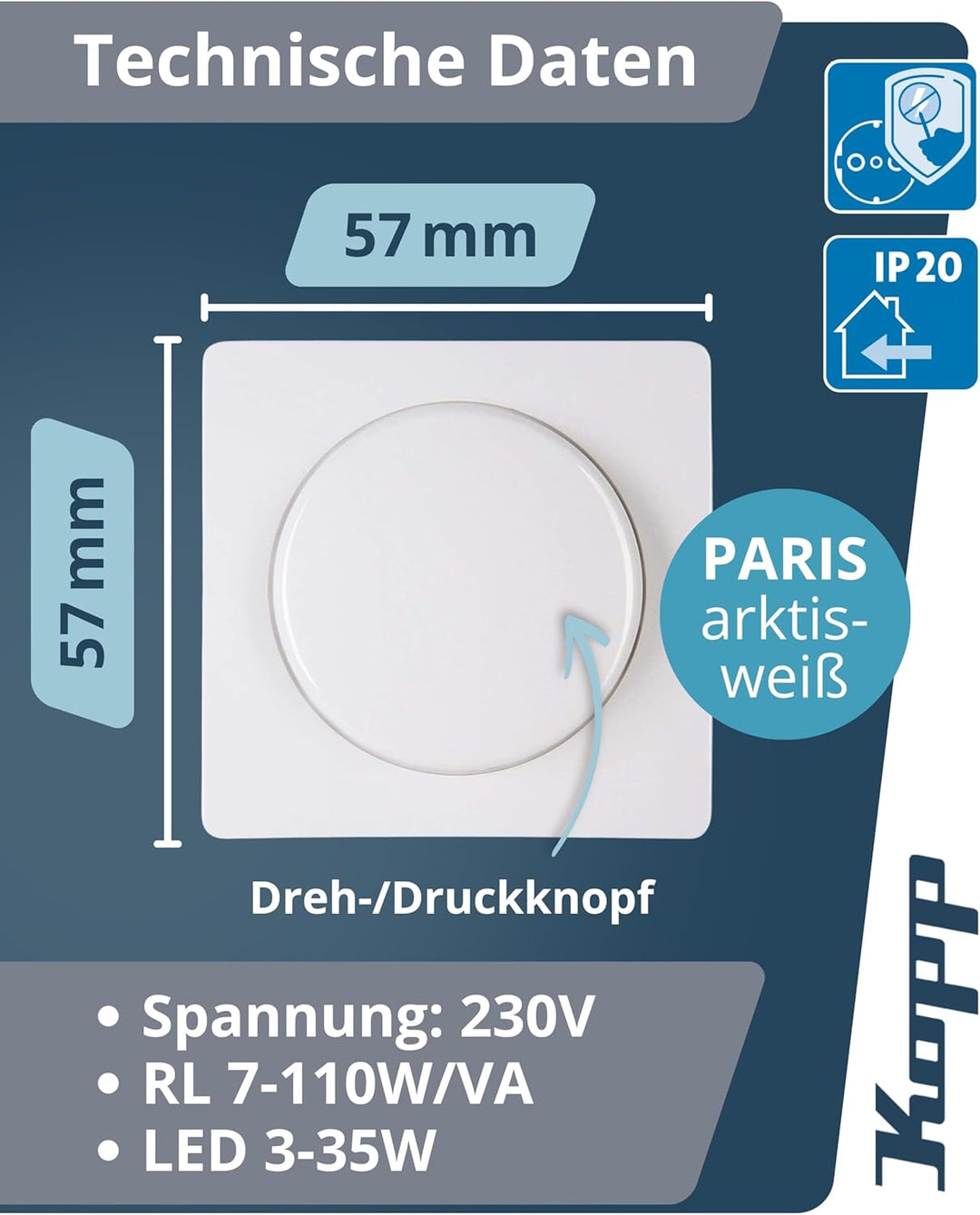 Kopp Paris Druck-Wechsel-Dimmer, Kombigerät, LED-Dimmer, für Glüh-Lampen, 230V Halogenlampen, Phasen