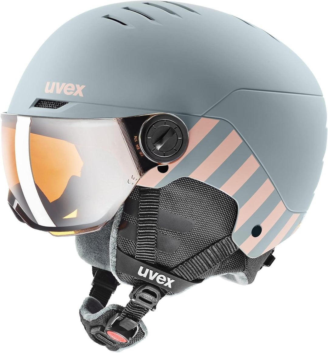 uvex rocket jr visor - Skihelm für Kinder - mit Visier - individuelle Grössenanpassung - rhino - blu