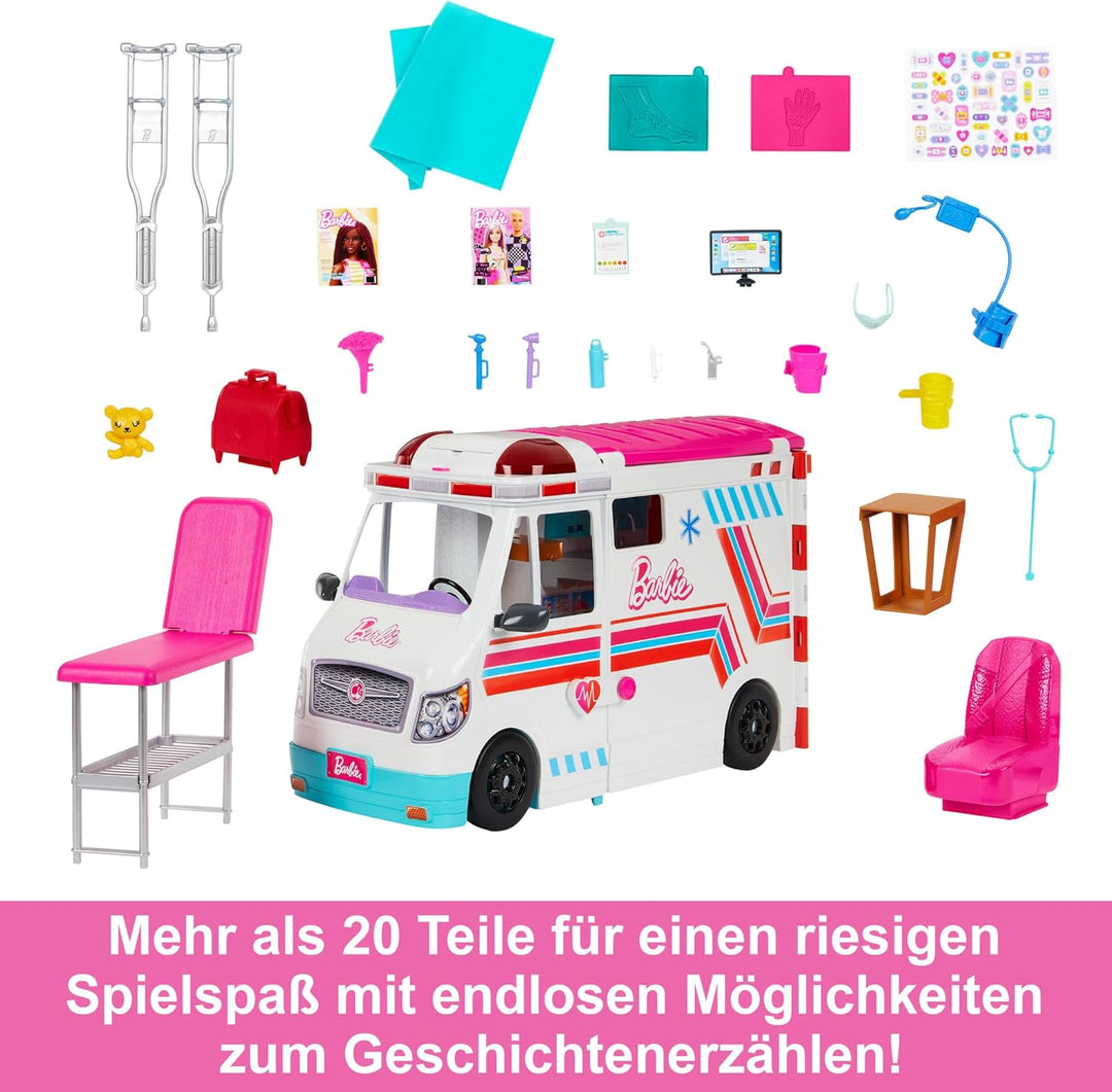 Barbie 2-in-1-Krankenwagen Spielset, Rettungswagen mit Lichtern und Geräuschen, umwandelbar in Pfleg