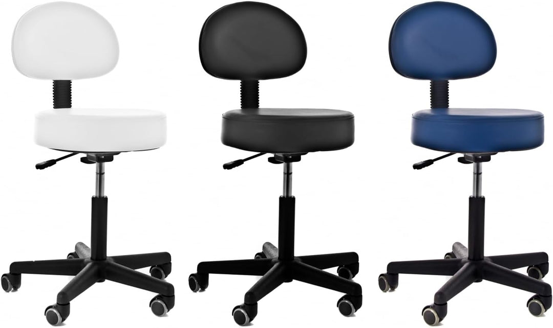 QUIRUMED Hocker mit Rückenlehne, Gaslift, mit 5 Rädern, Schwarze Farbe, hochdichte Kunstlederpolster