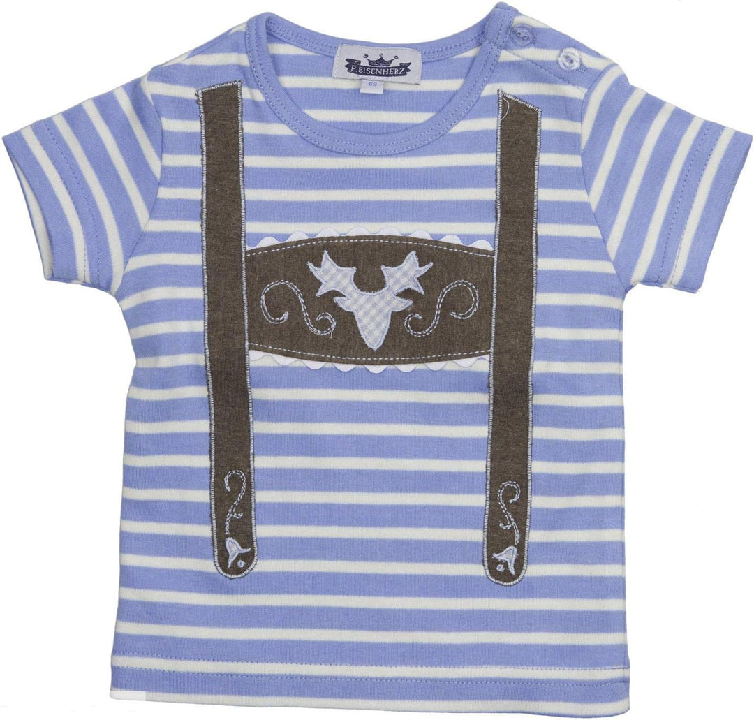 Baby Shirt Ringelshirt, hellblau/weiss gestreift mit Filzapplikation Hosenträger Geweih