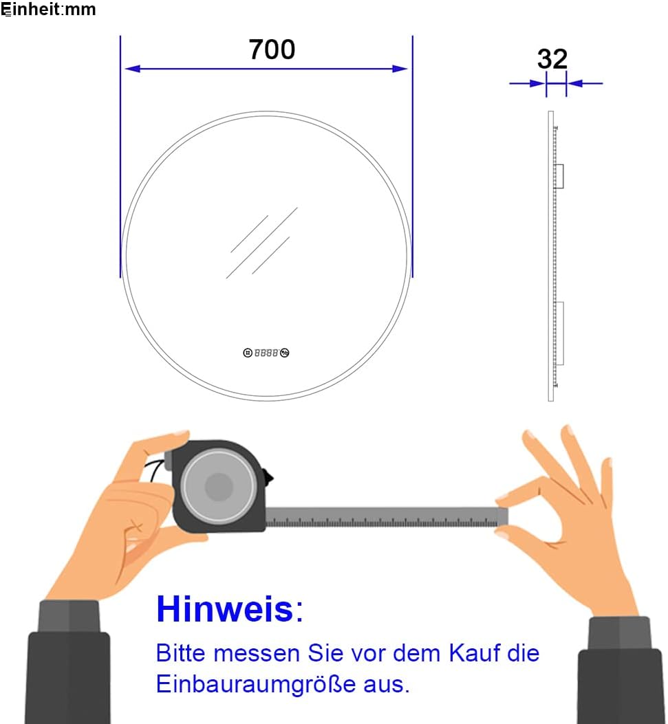 EMKE LED Badspiegel Rund Spiegel mit Beleuchtung ф70cm Badspiegel Schwarzer Rand Badezimmerspiegel m