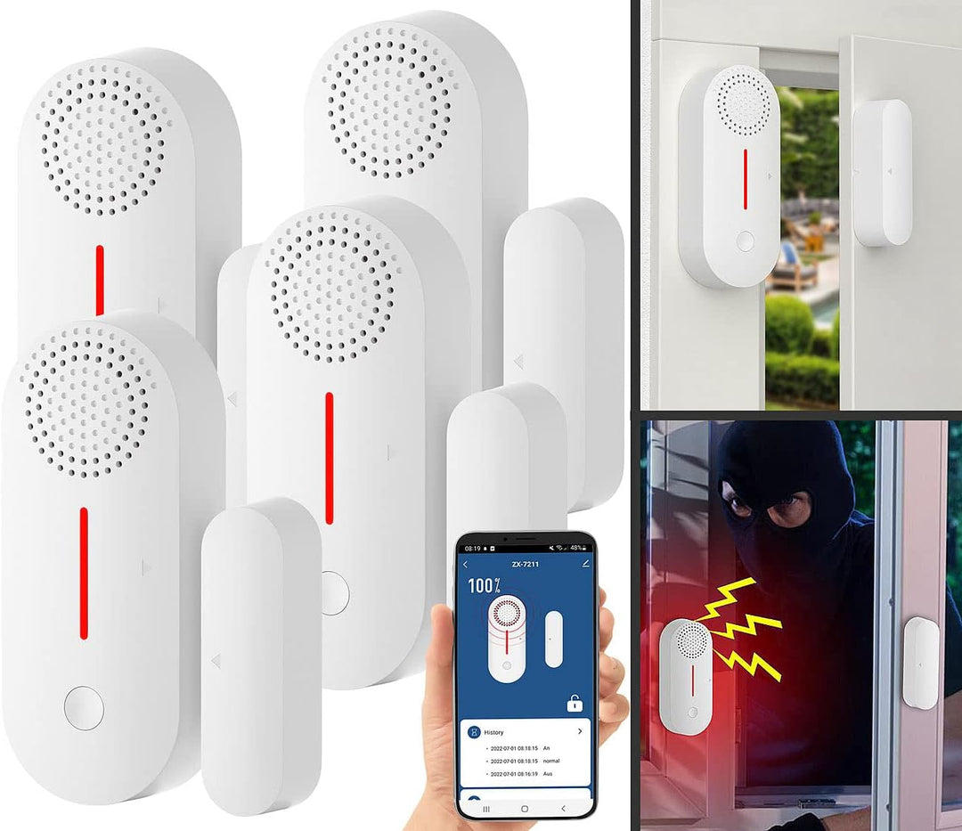 VisorTech Türkontakt Alarm WLAN: 4er-Set 2in1-WLAN-Tür- & Fensteralarm, Sirene, App und Sprachsteuer