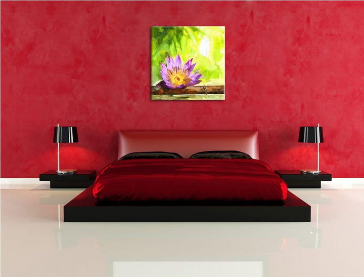 Pixxprint Zierliche Seerose auf Bambus, Format: 70x70 auf Leinwand, riesige Bilder fertig gerahmt mi