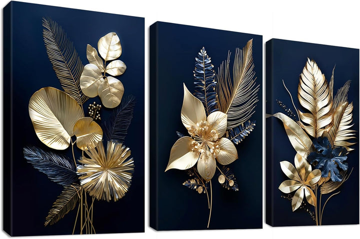 3 Panels 3D Marineblaue Goldblumen Mit Rahmen Leinwand Bilder Monstera Kokosnuss Blätter Bild auf Le