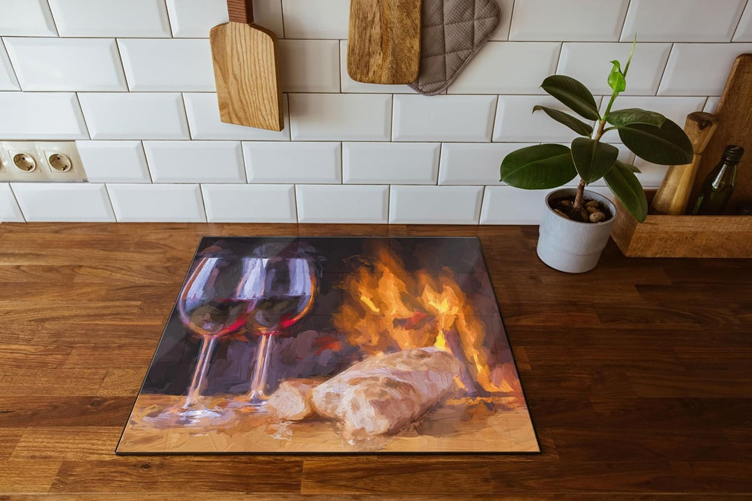 Wein und Baguette am Kamin Herdabdeckplatte & Spritzschutz aus Echtglas | Für Herd-Kochfelder | 60x5
