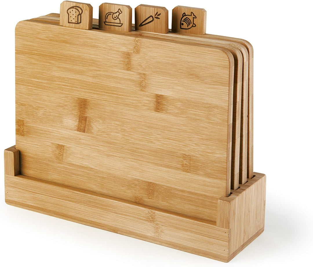 Set mit 4 Schneidebrettern aus Bambus mit Basis