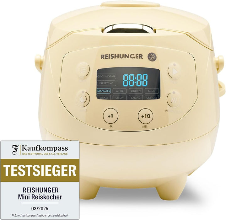 REISHUNGER Digitaler Reiskocher klein, hellgelb | 0,6 L bis 3 Personen | Warmhaltefunktion, Timer &