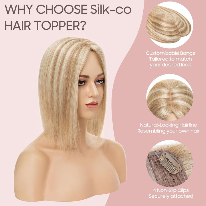 Silk-co Hair Topper Echthaar, 10x12cm Basis Toupet Damen, Haartopper Echthaar mit Remy Seide Basis,