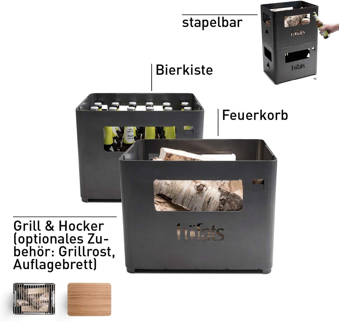 höfats - Beer Box Feuerschale - Getränkekiste, Feuerkorb, Grill, Flaschenöffner und Hocker in einem