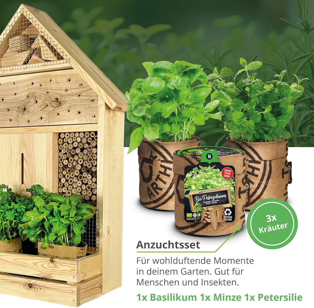 GARTENETAGE Stehendes Insektenhotel XXL mit Pflanzenoase Kräuterparadies - inkl. Anzuchtset/Naturbel
