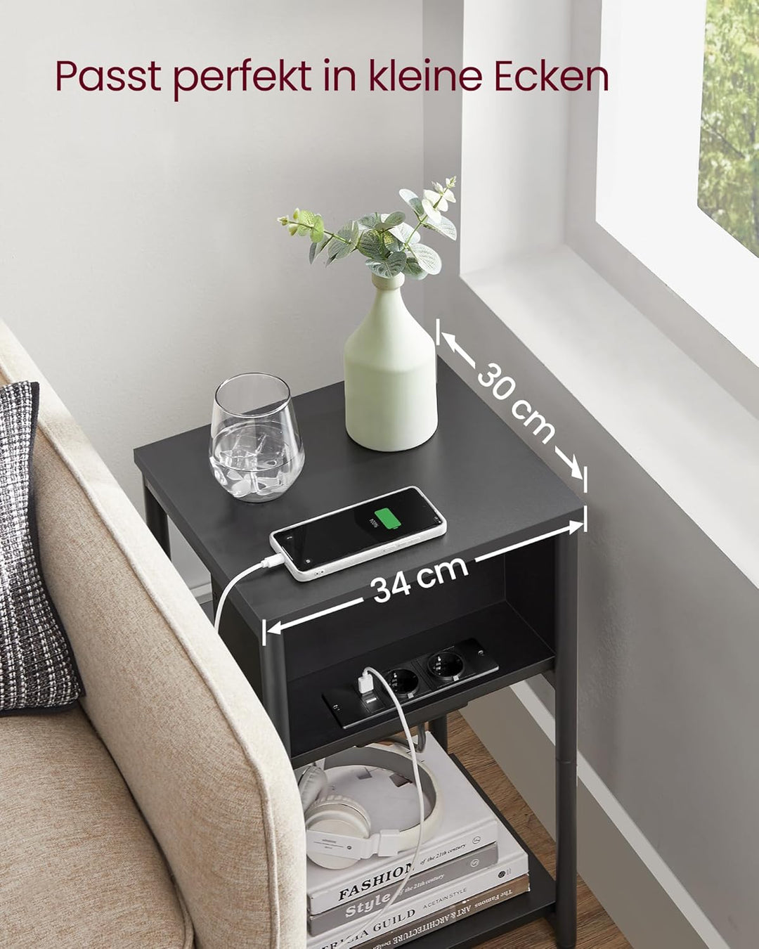 VASAGLE Beistelltisch, Nachttisch mit Steckdose, schmal, 2 AC-Anschlüsse, 2 USB-Anschlüsse, 30 x 34