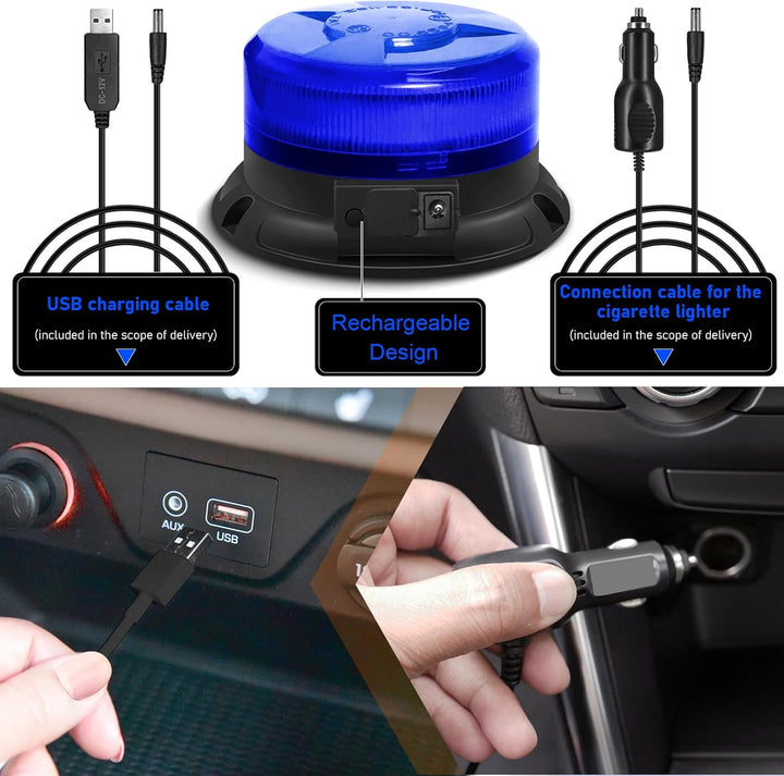 Dinfu Blaulicht akku LED Rundumleuchte blau batterie Blitzleuchten Magnetfuss 9 Blinkend Leuchtmodi