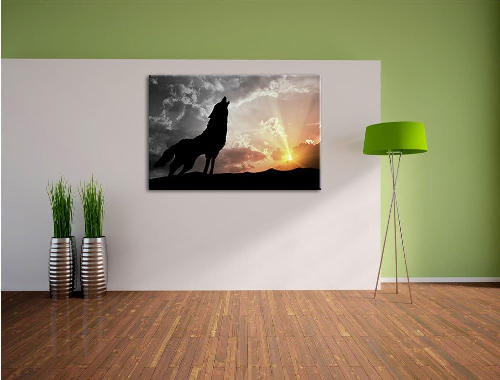 Pixxprint Wolf Heulen als Leinwandbild | Grösse: 100x70 cm | Wandbild | Kunstdruck | fertig bespannt