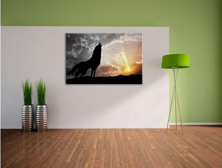 Pixxprint Wolf Heulen als Leinwandbild | Grösse: 100x70 cm | Wandbild | Kunstdruck | fertig bespannt