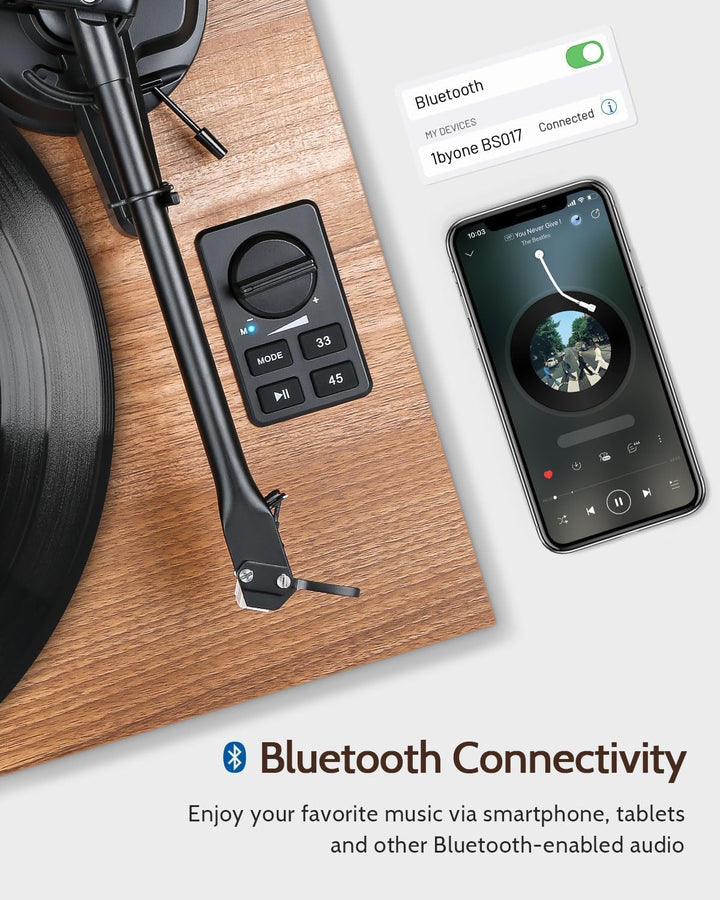 1 BY ONE HiFi Bluetooth Plattenspieler mit USB-Anschluss MM System 33/45 U/min Auto-Stopp und Phono-