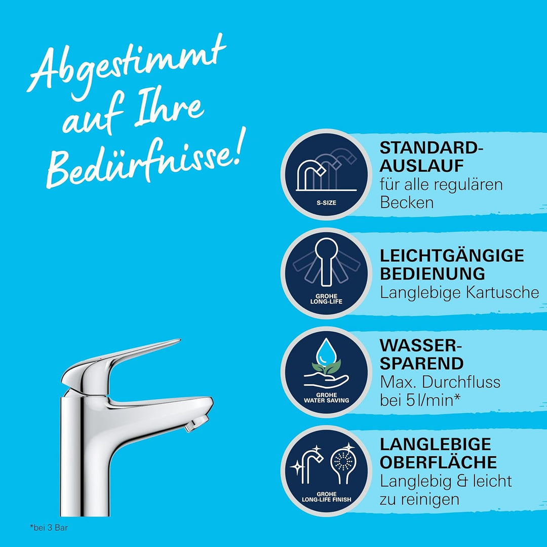 GROHE Swift - Waschtischarmatur (wassersparend, ~16cm hoch, inkl. Montagewerkzeug, Push-Open Ablauf)