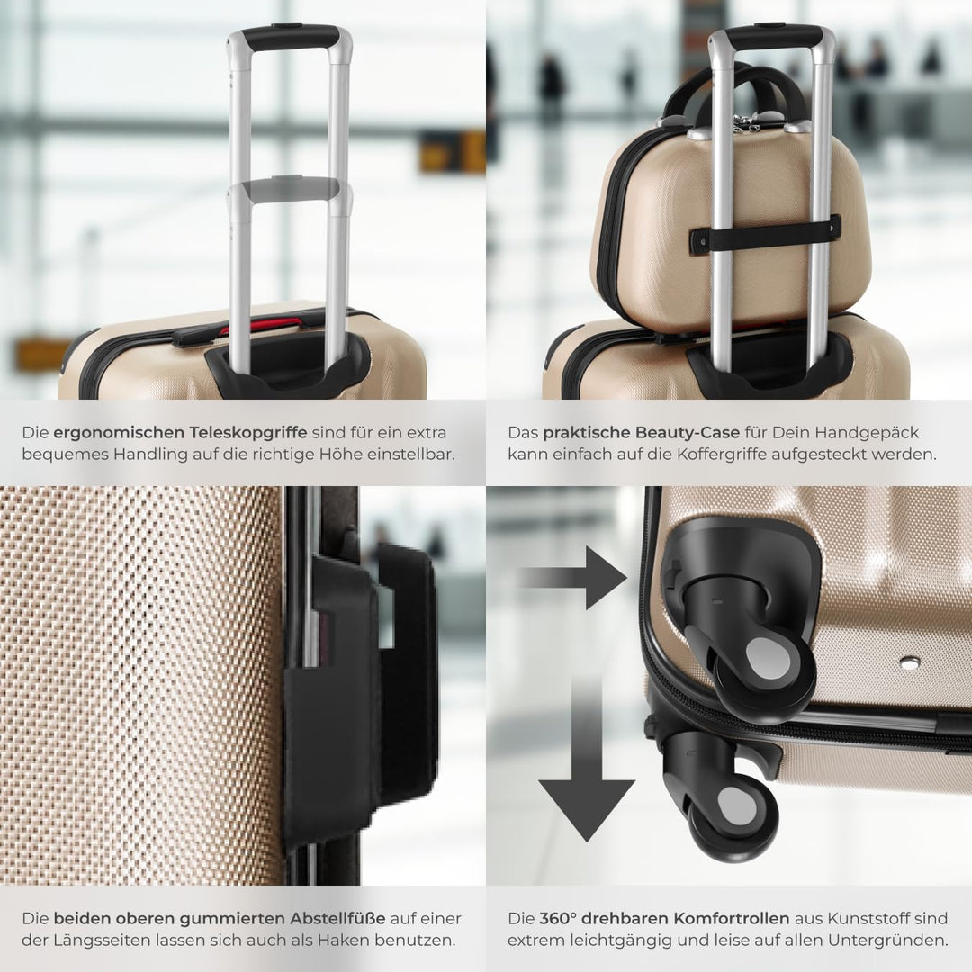 tectake 800763 Kofferset 4-TLG, robuste Hartschalenkoffer, abnehmbare Rollen 360°, ineinander stapel