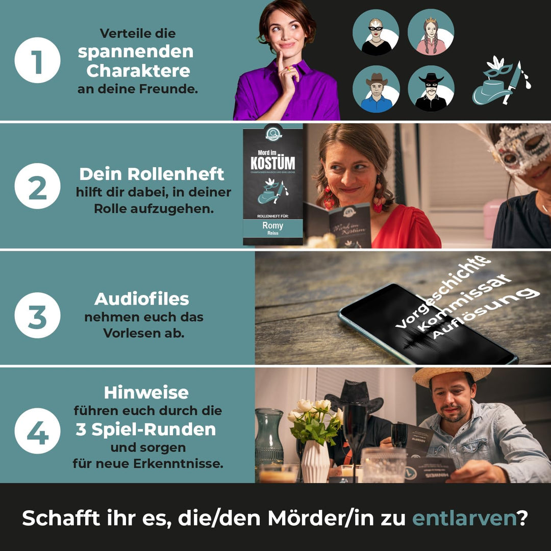 Krimispiel Mord im Kostüm – Champagner-Rausch und eine Leiche – Krimi Dinner Spiel für zuhause für 4