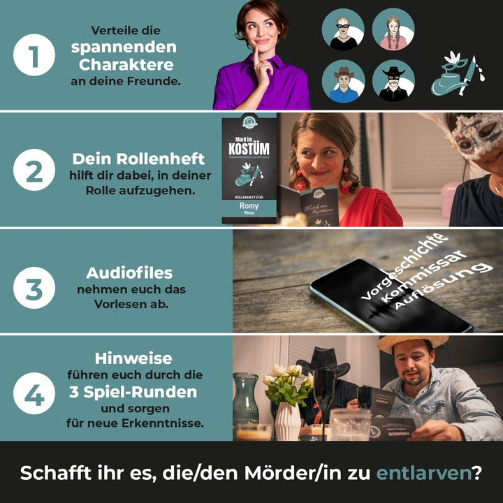 Krimispiel Mord im Kostüm – Champagner-Rausch und eine Leiche – Krimi Dinner Spiel für zuhause für 4