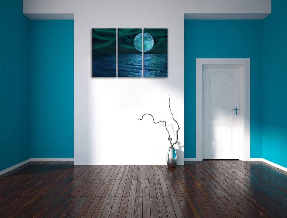 ruhiges Meer mit Vollmond schwarz/weiss 3-Teiler Leinwandbild 120x80 Bild auf Leinwand, XXL riesige
