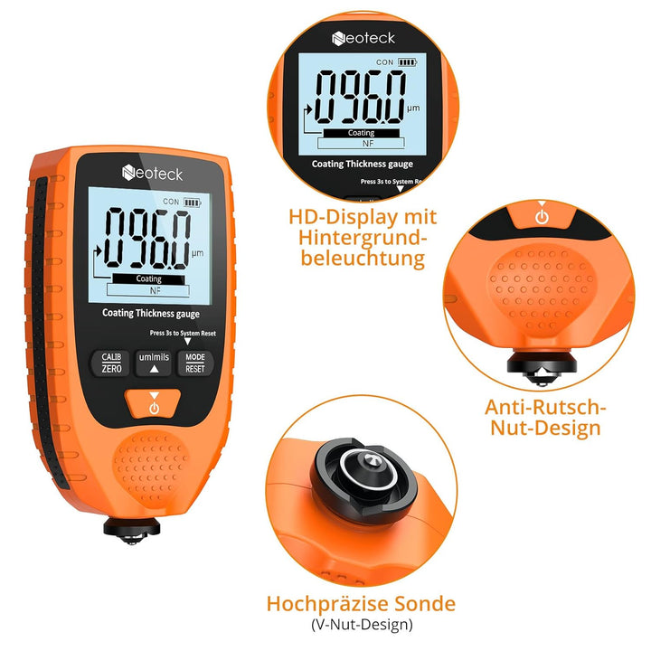 Neoteck Schichtdickenmessgerät Lackdickenmessgerät Auto mit LCD-Display für Stahl- und Aluminium-Bas