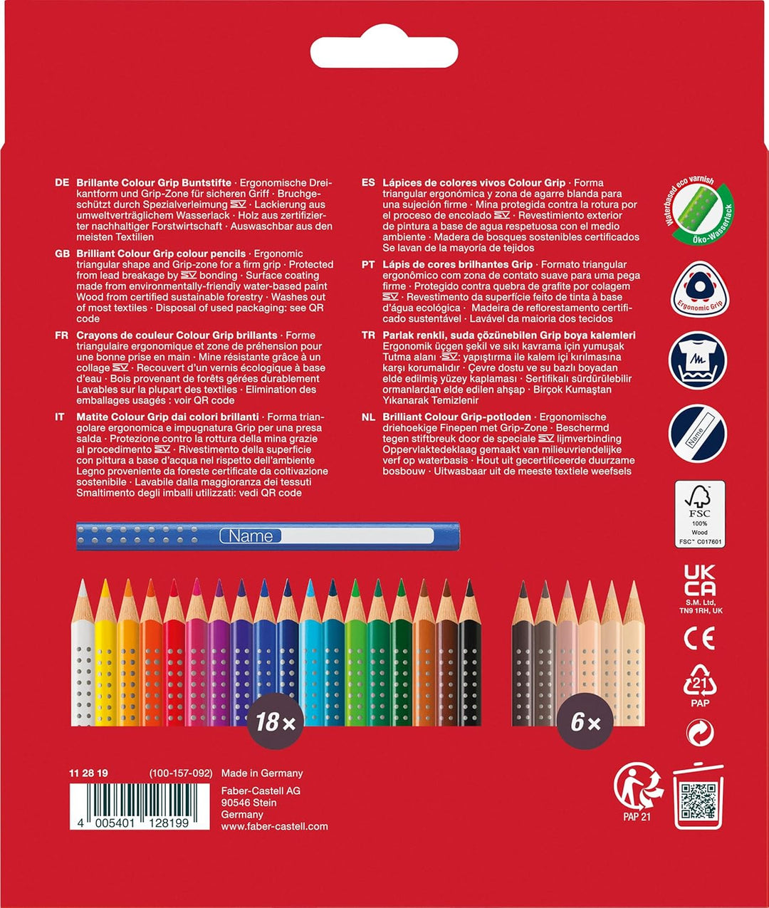 FABER-CASTELL 112819 - Buntstifte Set Colour Grip, 24-teilig, inkl. 6 hautfarben Buntstiften 18+6 ha