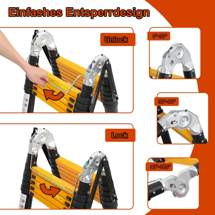 Cecaylie Teleskopleiter Klappleiter Aluminium, 3.8M(1.9M+1.9M) Ausziehbare Leiter mit Stabilisatoren